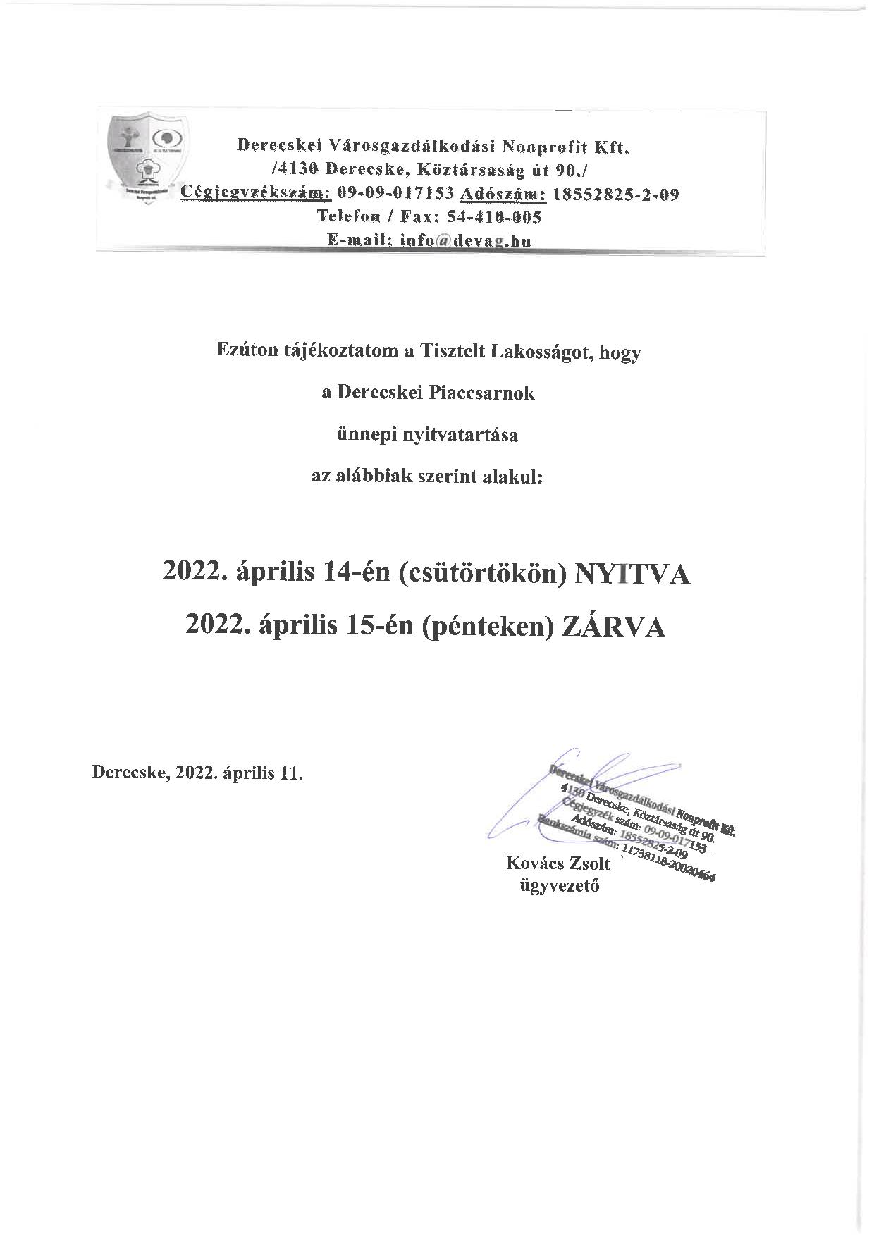 Lakossági tájékoztatás (2022. április 11.)
